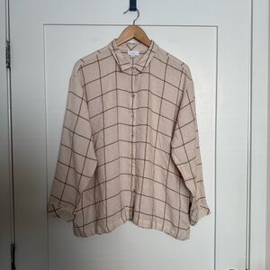 J Jill Shirt Womens Sz L Petite Beige Checkered Long Sleeve Button Up Soft